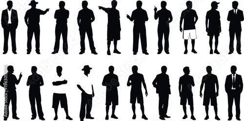Silhouettes of men in diverse poses, standing, pointing, gesturing, and wearing varied outfits with hats and suits, ideal for design, illustration, and educational resources