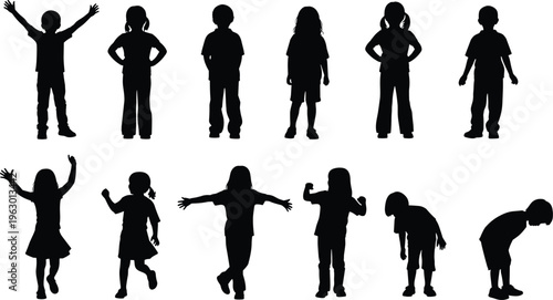 Silhouettes of twelve children in dynamic standing and playful poses, black figures isolated on white background, concept of childhood activity, development, and body language illustration