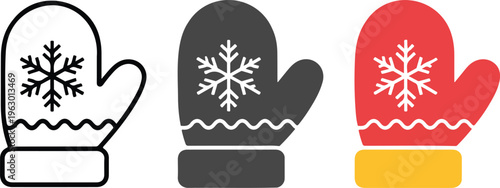 Winter mitten glove with snowflake vector icon set featuring minimalist line art black silhouette and colorful red versions.