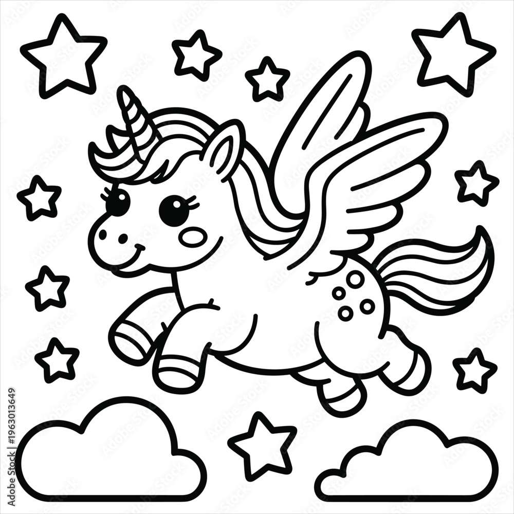 Fototapeta premium A cute flying unicorn with wings surrounded by twinkling stars and fluffy clouds design