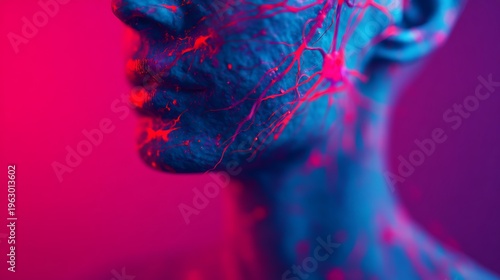 Close-up of a human face with highlighted red veins against a blue and pink neon background, showcasing an artistic or medical visualization of the circulatory system.