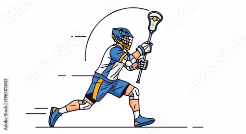 Athlete running with lacrosse stick and ball, in action stance