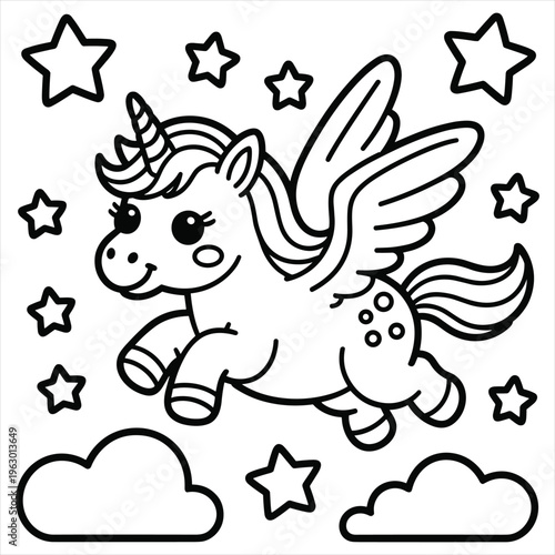 A cute flying unicorn with wings surrounded by twinkling stars and fluffy clouds design
