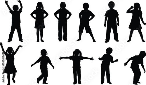 Silhouettes of twelve children in expressive standing and playful poses, black figures isolated on white background, concept of childhood activity, posture, movement, and body language illustration