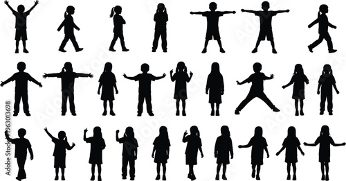 Silhouettes of twenty‑five children in diverse playful and expressive poses, boys and girls isolated on white background, concept of childhood activity, posture, movement, and body language