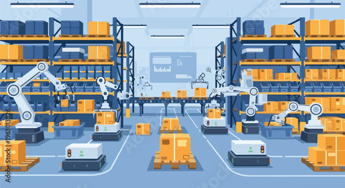 Automated warehouse with robotic arms and mobile platforms handling packages