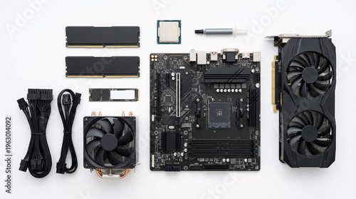 Computer hardware components for graphics card installation isolated on white background
