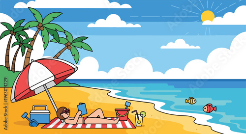 Beach scene Person reads under a parasol, with sun, sea, and palm trees