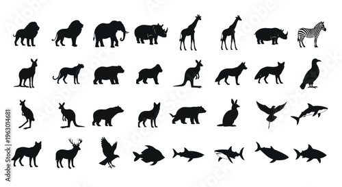 Collection of animal silhouettes on white background various species and wildlife icons