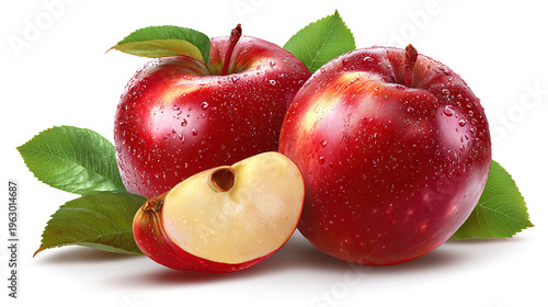 Red apple whole pieces set isolated on white background