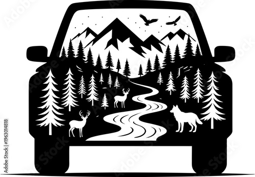 Suv silhouette with mountain forest wildlife scene