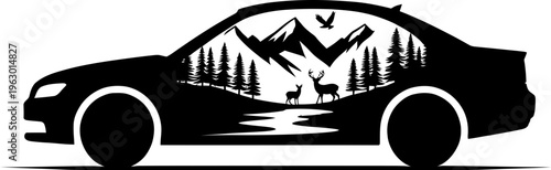 Car Silhouette with Mountain Forest and Deer Scene