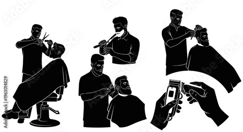 Silhouette of men getting haircut.