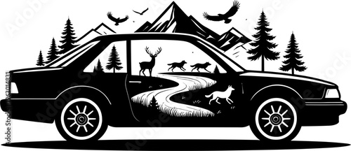 Car Silhouette with Mountain Forest Wildlife Scene