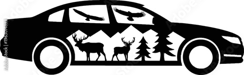 Car Silhouette with Deer and Forest Landscape Cutout
