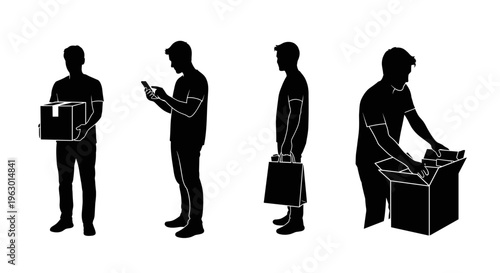 Silhouette of man moving boxes.