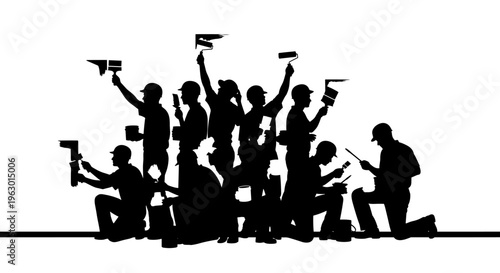 Silhouette of people holding cameras.