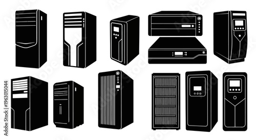 Collection of various computer towers and servers in black and white illustrations showcasing different designs and shapes on a plain background