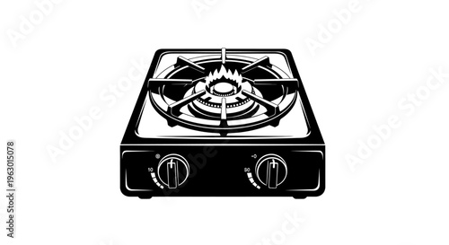 Black and white illustration of a portable single burner gas stove with dials on a plain background