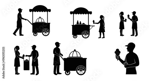 Silhouette of people with food carts.