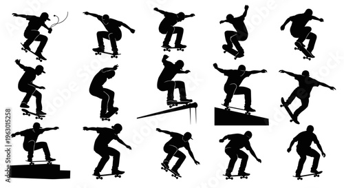 Silhouette of skateboarder in various poses.