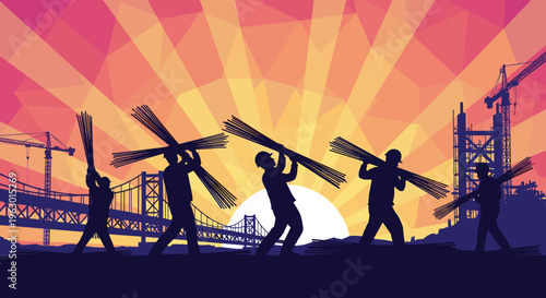 Silhouette workers carrying wooden planks.