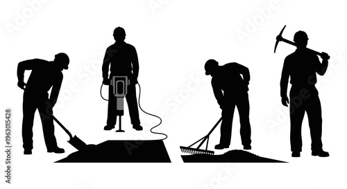 Silhouettes of construction workers laboring.