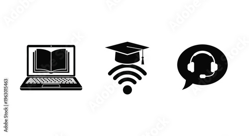 Learning icons depicting education technology and audio silhouette
