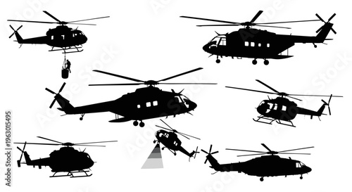 Silhouettes of multiple helicopters flying.
