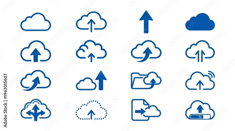Obraz premium Collection of blue cloud icons representing data upload and storage concepts.