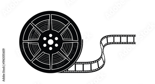 Black film reel and strip presented as a striking silhouette