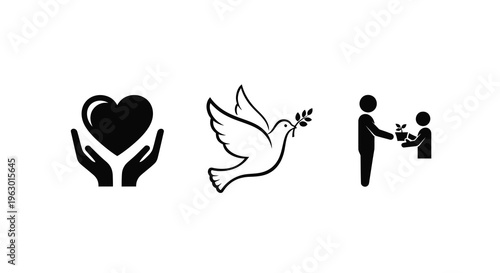 Symbols of love peace and giving depicted in black silhouette