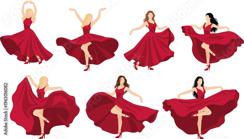 Flamenco dancers, red dress movement, elegant women dancing, Spanish culture art, flowing skirts, passionate performance, female dance illustration, graceful motion