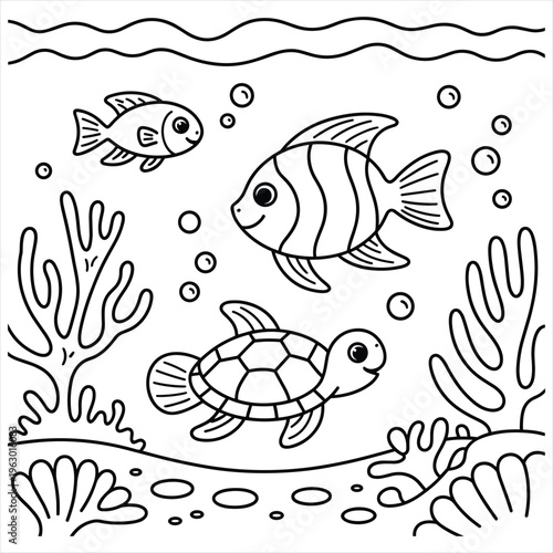 Black and white coloring page with fish turtle and coral reef