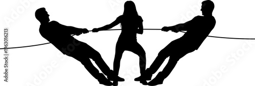 Tug of war silhouettes, team competition concept, people pulling rope, strength and teamwork, conflict struggle, business rivalry metaphor, dynamic action illustration