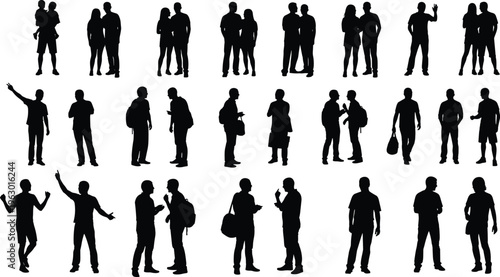 Collection of diverse silhouettes featuring adults and children in everyday activities, standing, walking, gesturing, and interacting, perfect for design, education, sociology, and creative 