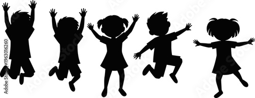 Children silhouettes jumping, happy kids playing, playful childhood concept, energetic movement, black silhouette figures, joyful activity, fun kids illustration, isolated design