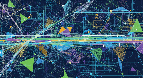 Highly complex and dynamic abstract background depicting a chaotic network of lines, geometric shapes, and light streaks on a deep blue canvas.