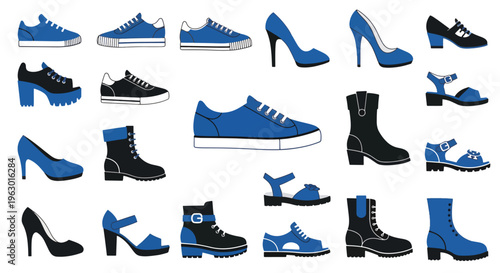 Collection of various blue and black high heel and casual shoes