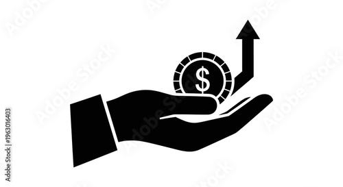 A striking black silhouette icon depicting a human hand holding a coin with a dollar symbol, from which an upward-pointing arrow emerges. This minimalist and abstract illustration powerfully symbolize