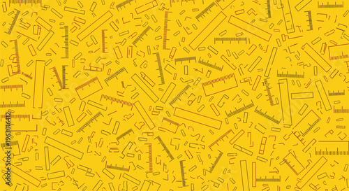 Busy seamless pattern featuring an array of scattered rulers and measuring tapes in various orientations, outlined in red on a vibrant yellow background.
