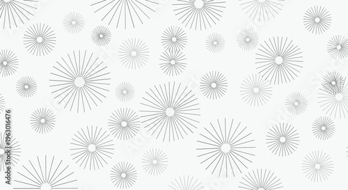 Elegant seamless pattern composed of scattered, stylized sunbursts or starbursts with numerous fine lines on a clean white background.