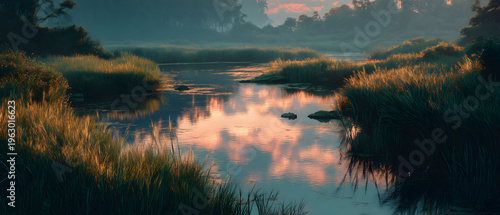 Tranquil Sunrise Over Misty River with Reflective Water and Lush Vegetation