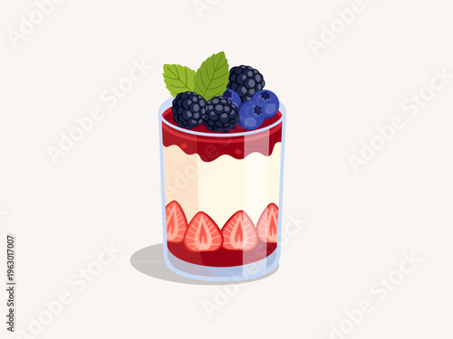 Layered berry yogurt parfait in glass with fresh strawberries and raspberries.