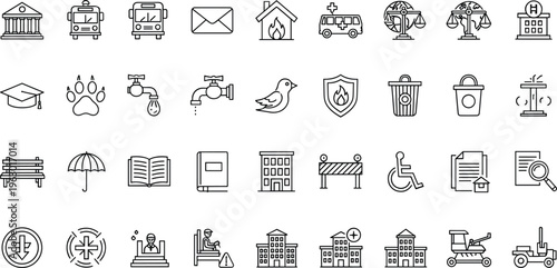 Public services outline icon set including transport hospital justice education sanitation accessibility housing safety and municipal infrastructure symbols