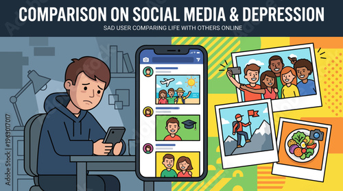 Conceptual Illustration of Social Media and Depression showing a Sad User Comparing Life with Happy Online Posts on Smartphone
