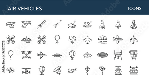 Air vehicles outline icon set including helicopter airplane drone rocket parachute balloon blimp flying taxi and aviation transport symbols