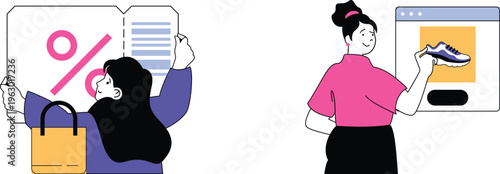 Two women shopping online and in-store with discounts and a product display on screens nearby