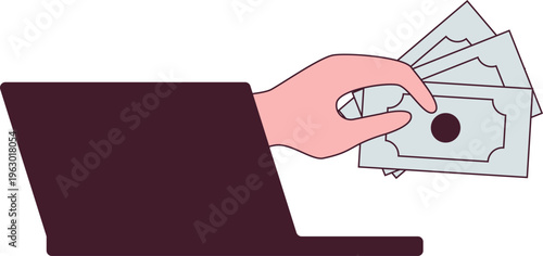 Hand pulling money from a laptop indicating online financial transactions or digital payments process