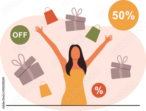 Woman celebrating with arms raised amidst gifts and shopping bags during a massive sale event featuring fifty percent off discounts